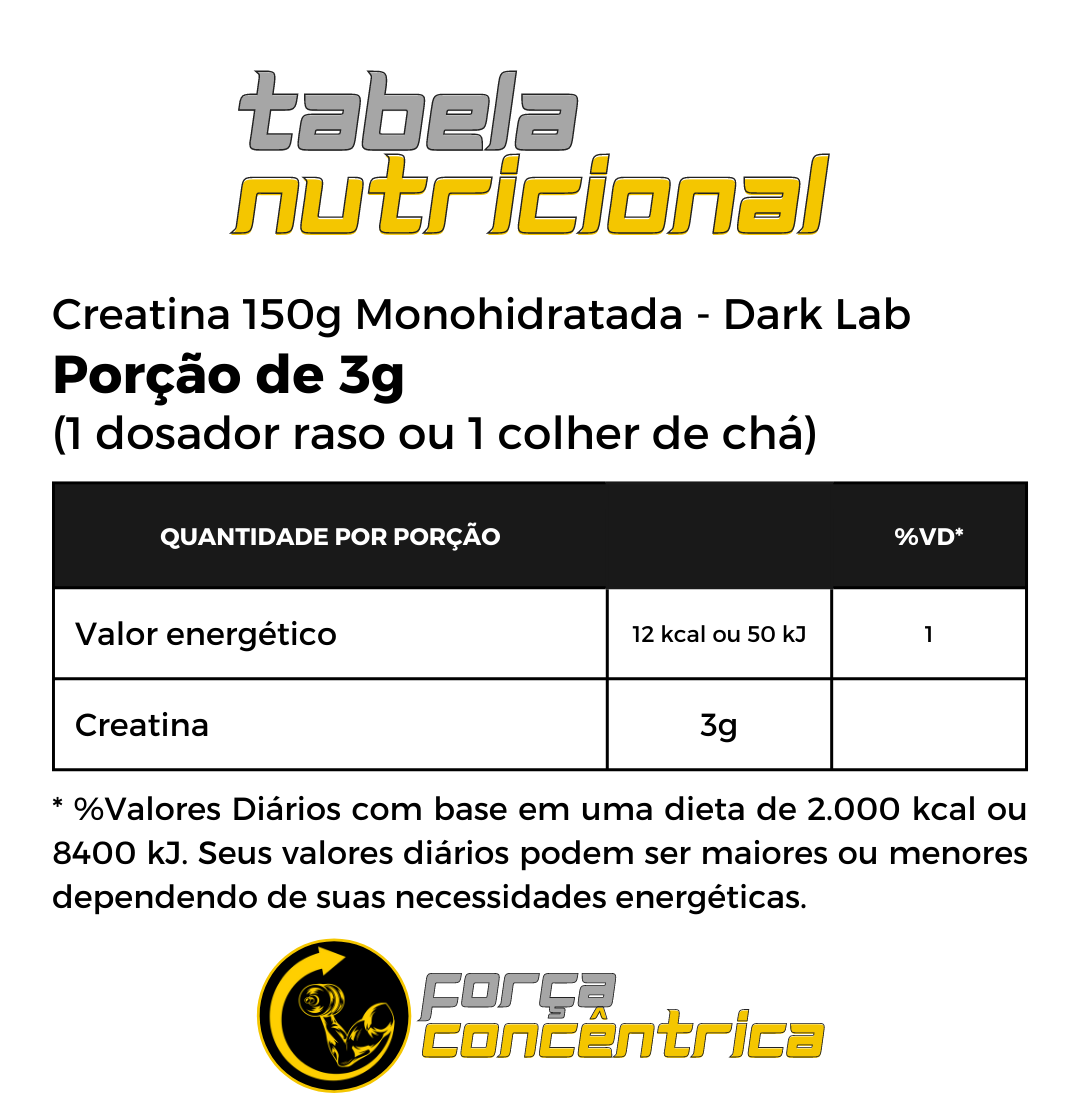 Creatina 150g Monohidratada - Dark Lab - Tabela Nutricional - Força Concêntrica